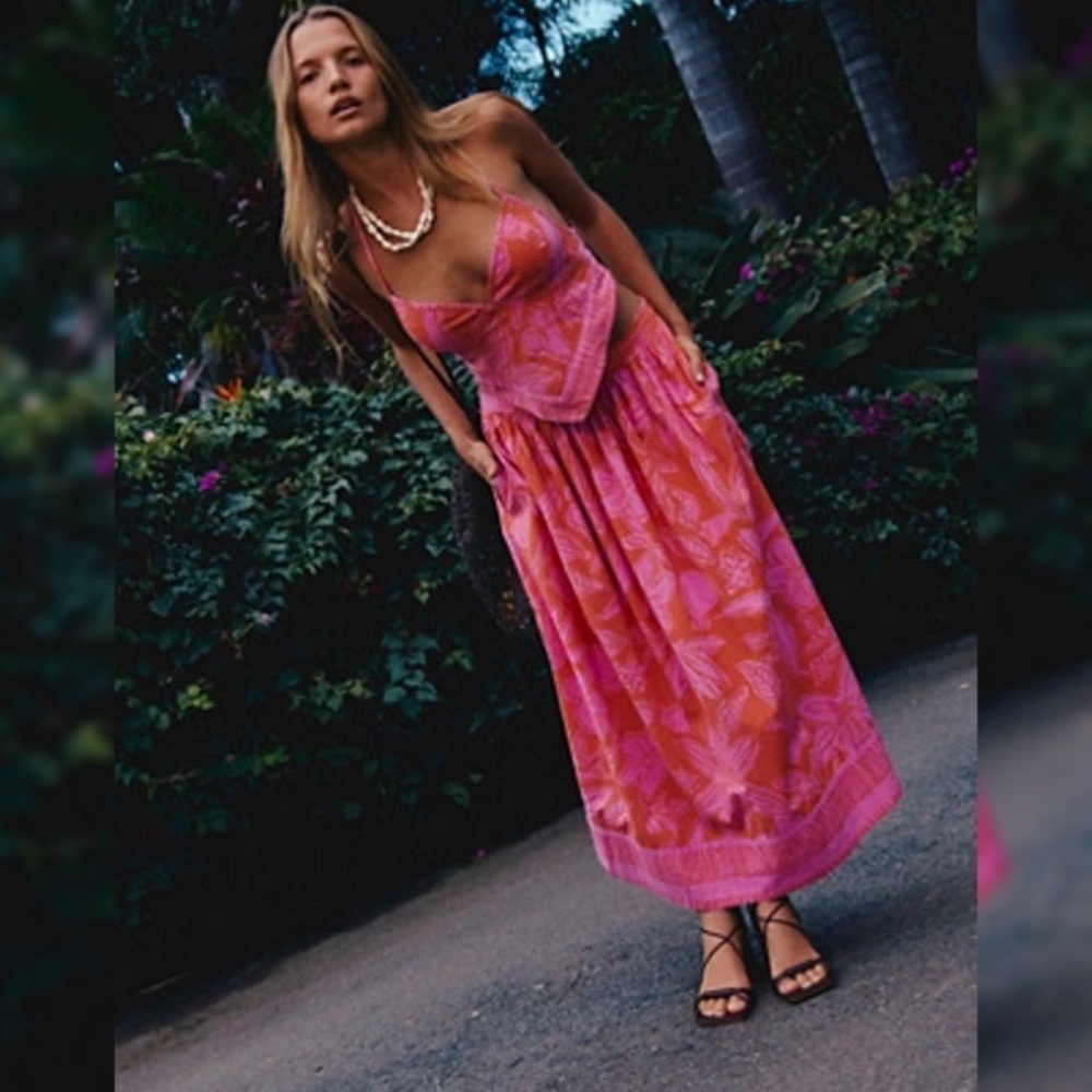 Free People Pink and Orange Floral Halter Midi Dress